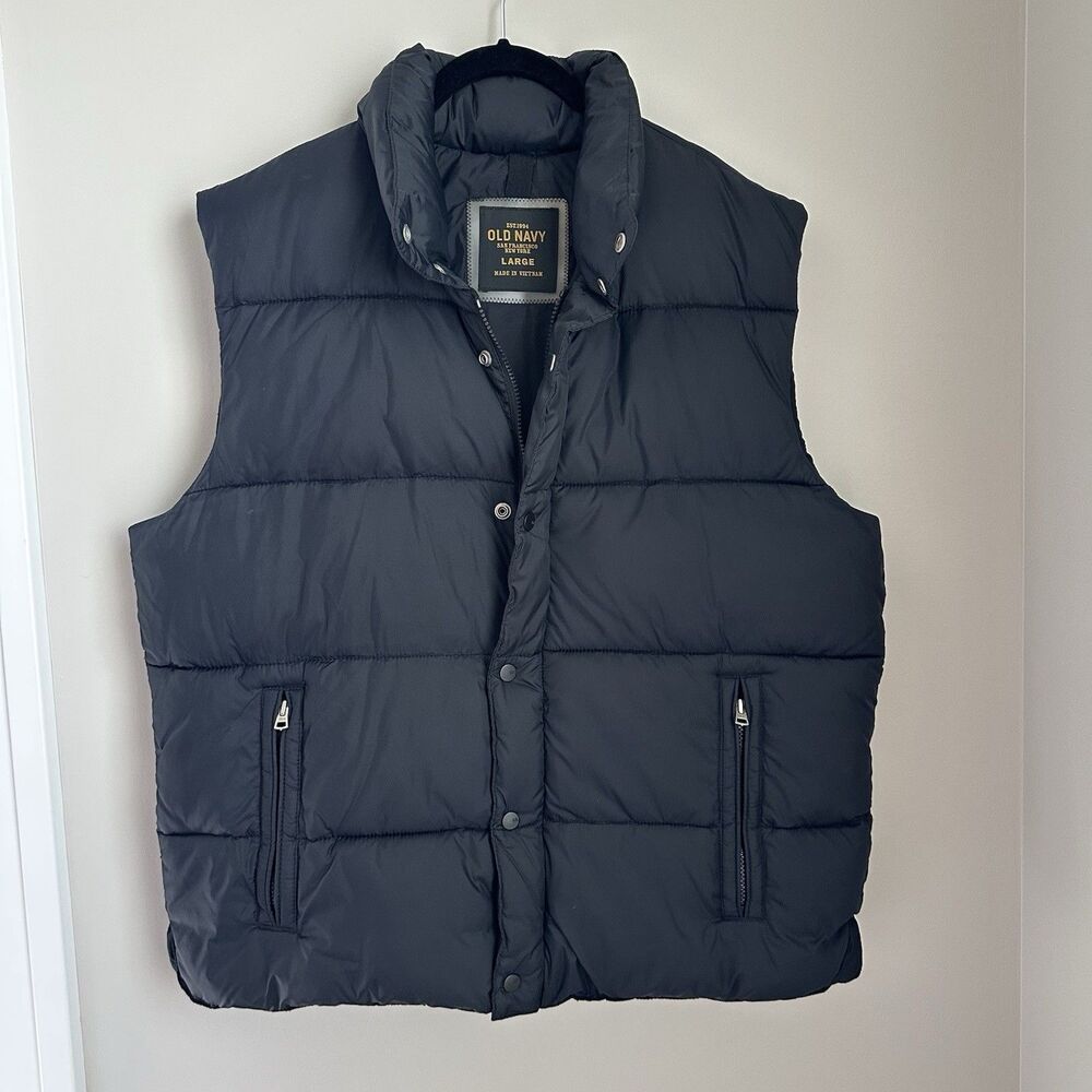 Old Navy Puffer Vest Men's Large Black Quilted Full Zip Snap Outdoor Hiking Ski
